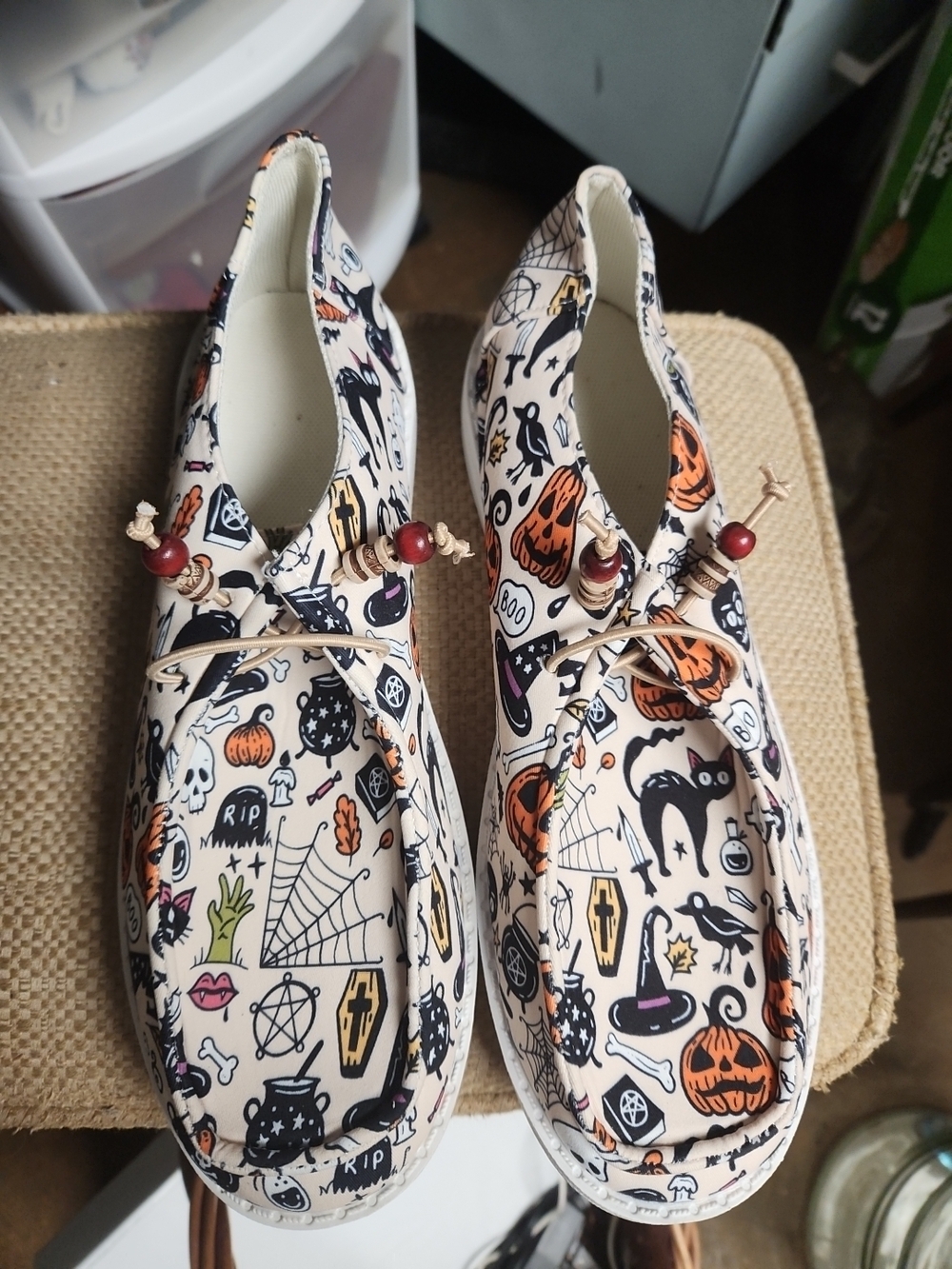 Cream Halloween Print Moccasin Loafer Shoes
